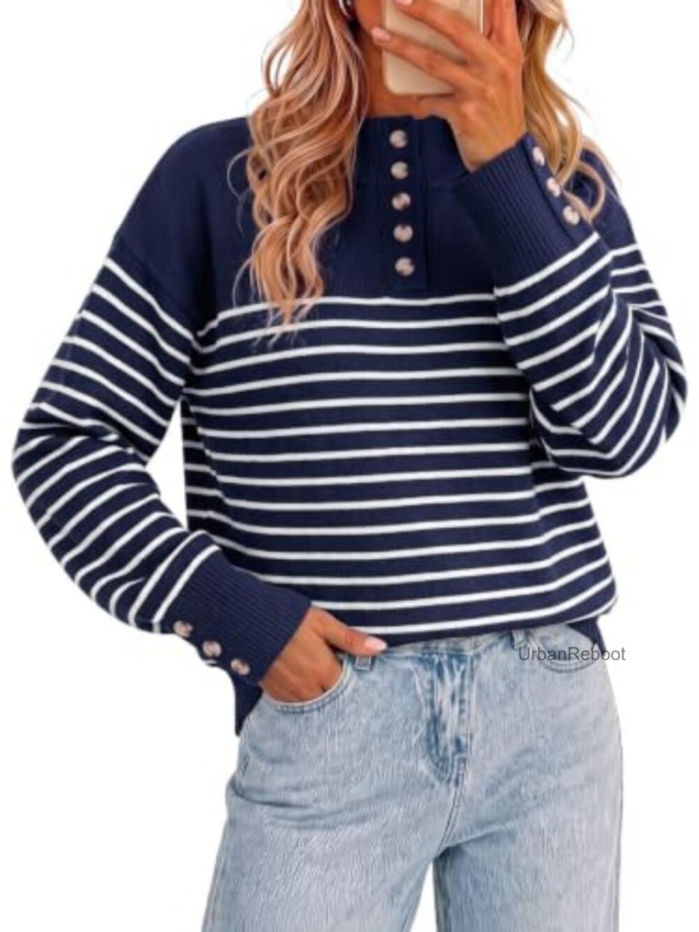 Striped Collared Half Button Pullover Sweater Loose Fit Long Sleeve